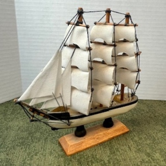 Unbranded Other - Vintage Wooden Tall Ship Model Nautical Decor White Sails 3-Mast Schooner